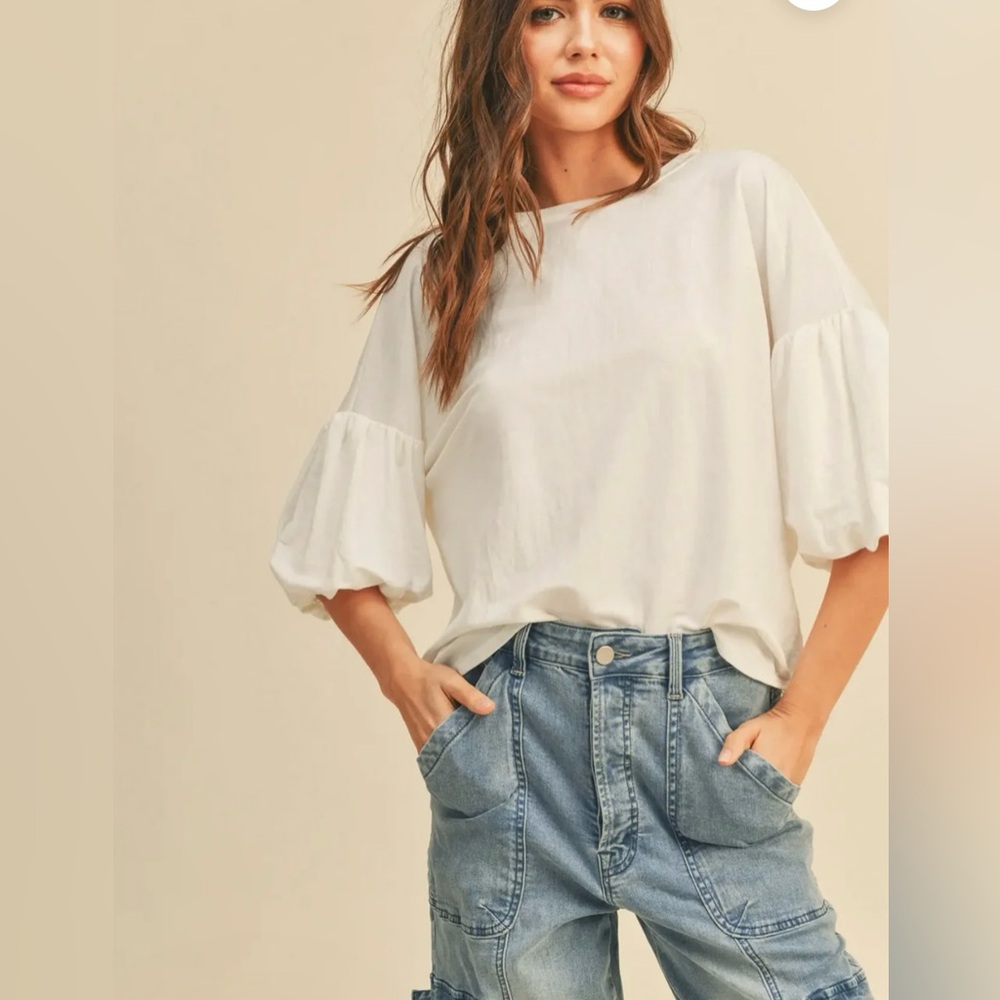 MIOU MUSE Bubble Sleeve Top White Blouse Crew Neck Oversized Relaxed Fit‎ Medium